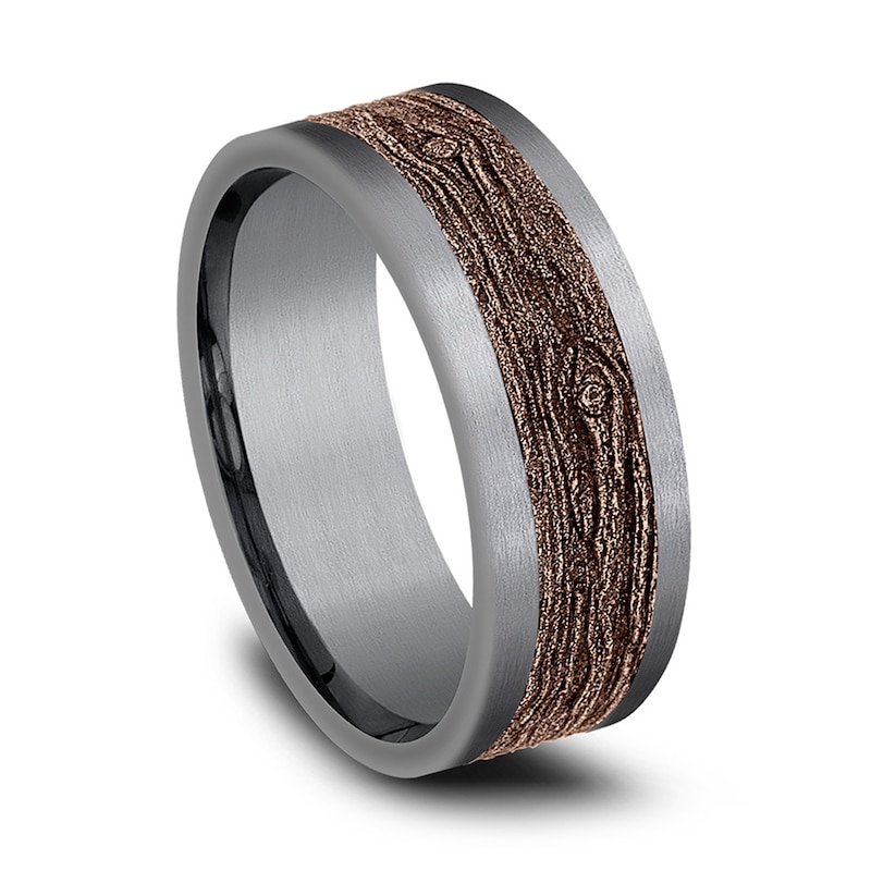 Main Image 2 of 8.0mm Matte Bark-Look Engravable Wedding Band in Tantalum and 14K Rose Gold (1-2 lines)
