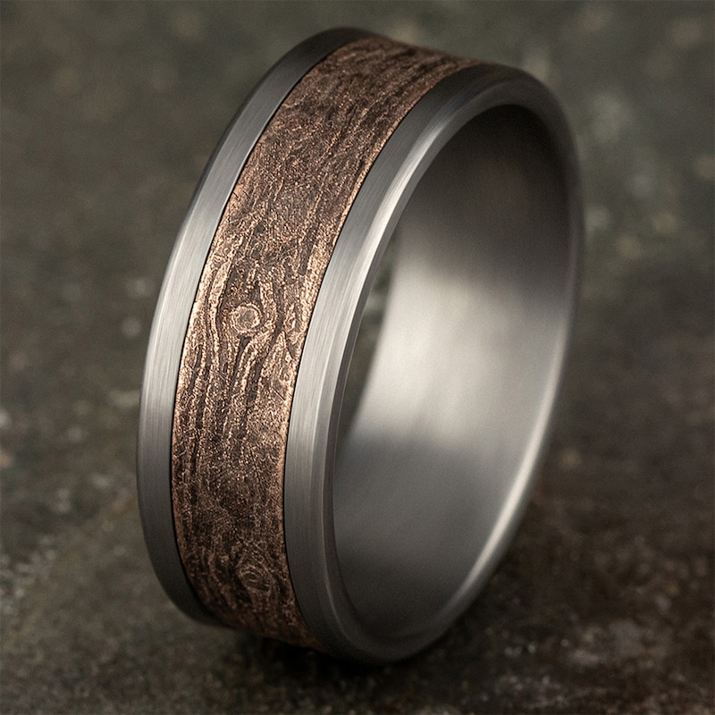 Main Image 4 of 8.0mm Matte Bark-Look Engravable Wedding Band in Tantalum and 14K Rose Gold (1-2 lines)