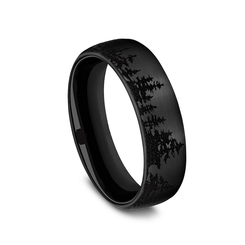 Main Image 2 of 6.5mm Matte Tree Line Engravable Wedding Band in Black-on-Black Titanium (1-2 lines)