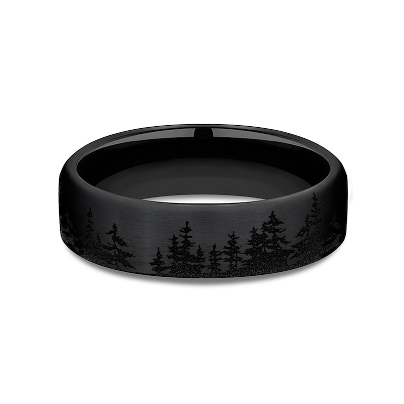 Main Image 3 of 6.5mm Matte Tree Line Engravable Wedding Band in Black-on-Black Titanium (1-2 lines)
