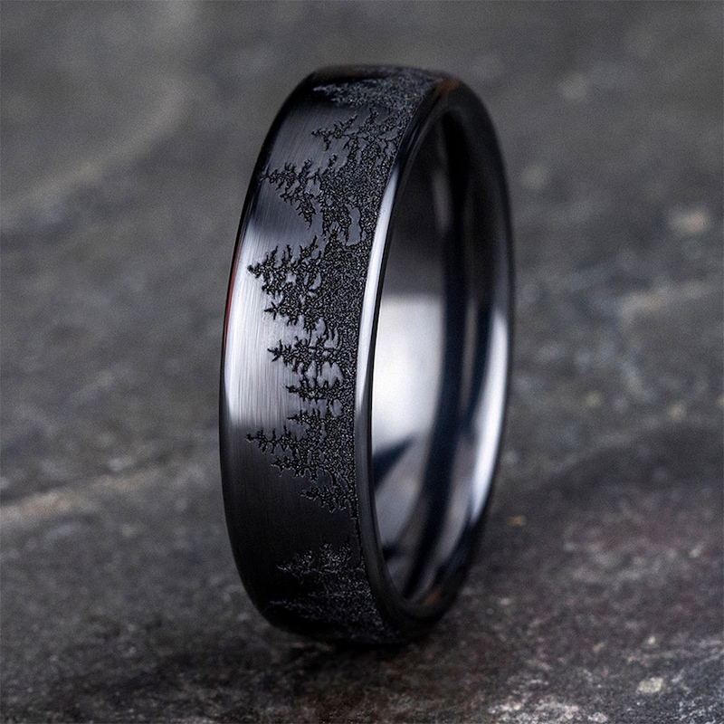 Main Image 4 of 6.5mm Matte Tree Line Engravable Wedding Band in Black-on-Black Titanium (1-2 lines)