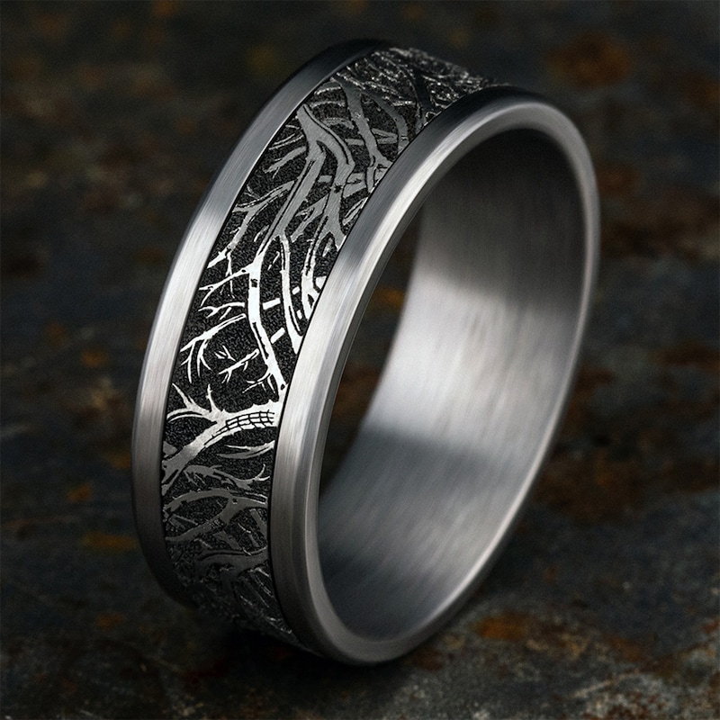 Main Image 4 of 8.0mm Branch-Pattern Engravable Wedding Band in Tantalum and Titanium (1-2 lines)