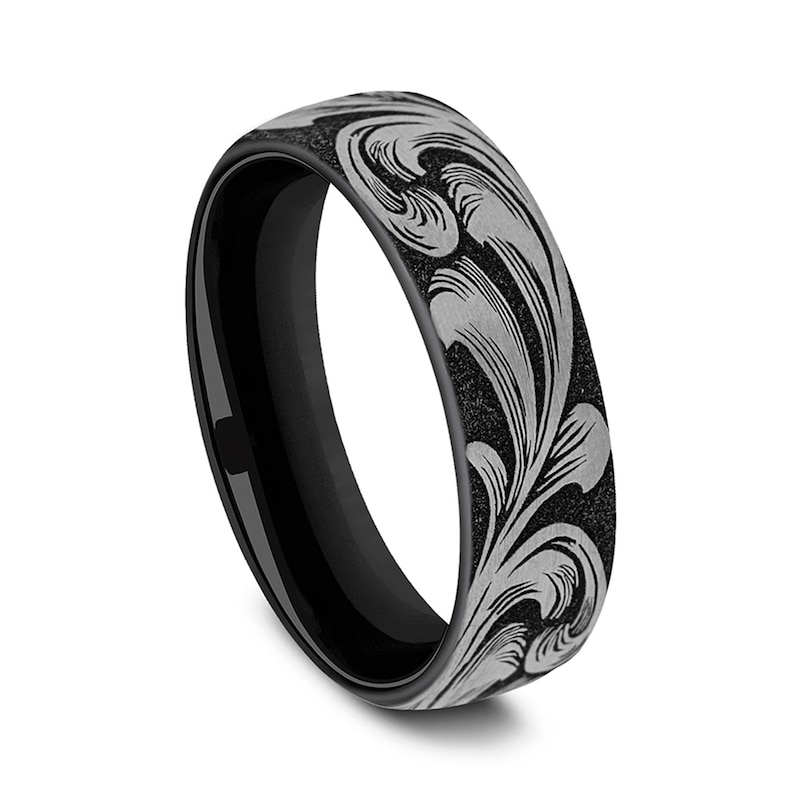 Main Image 2 of 6.5mm Matte Feathered Filigree Engravable Wedding Band in Two-Tone Titanium (1-2 lines)