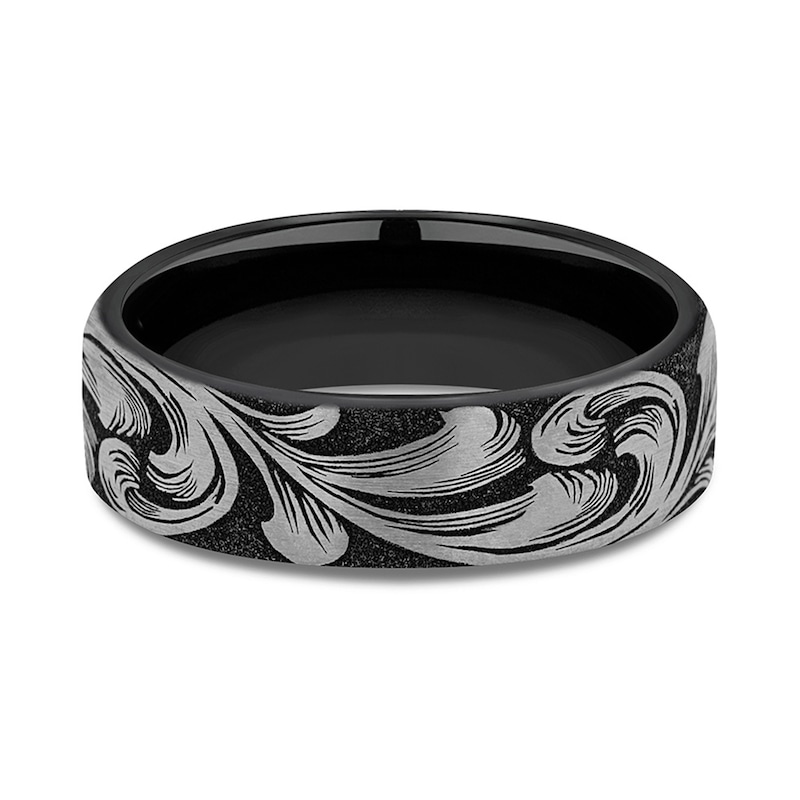 Main Image 3 of 6.5mm Matte Feathered Filigree Engravable Wedding Band in Two-Tone Titanium (1-2 lines)