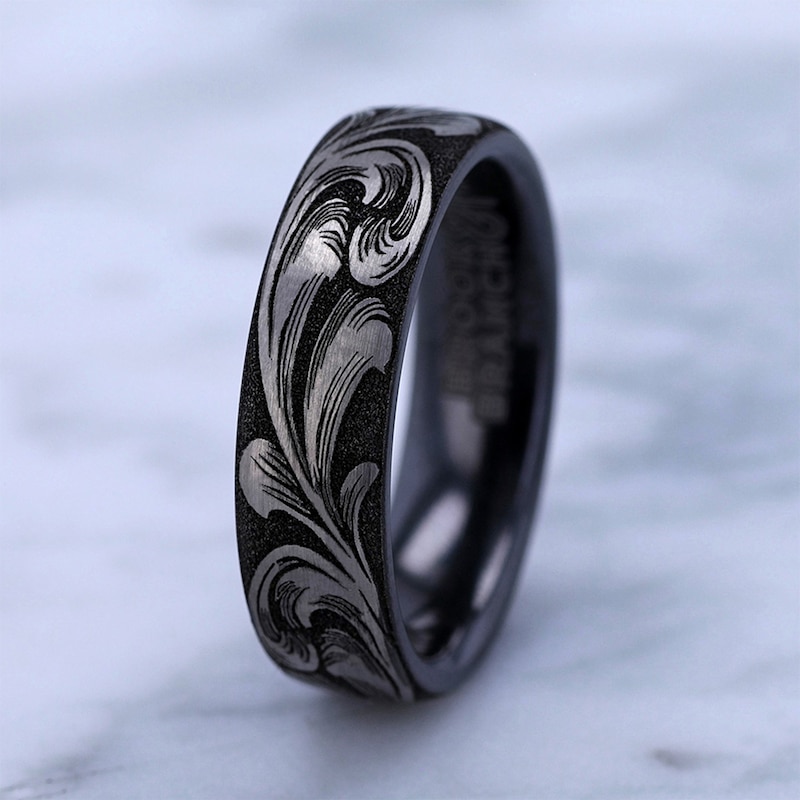 Main Image 4 of 6.5mm Matte Feathered Filigree Engravable Wedding Band in Two-Tone Titanium (1-2 lines)