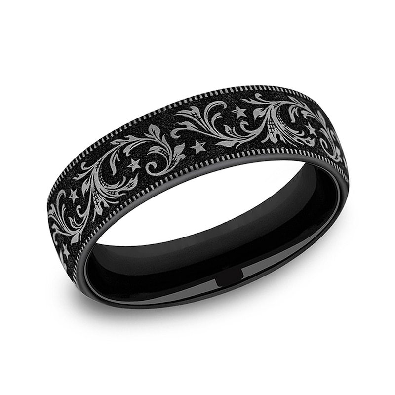 Main Image 1 of 6.5mm Satin Filigree Vintage-Style Engravable Wedding Band in Two-Tone Titanium (1-2 lines)