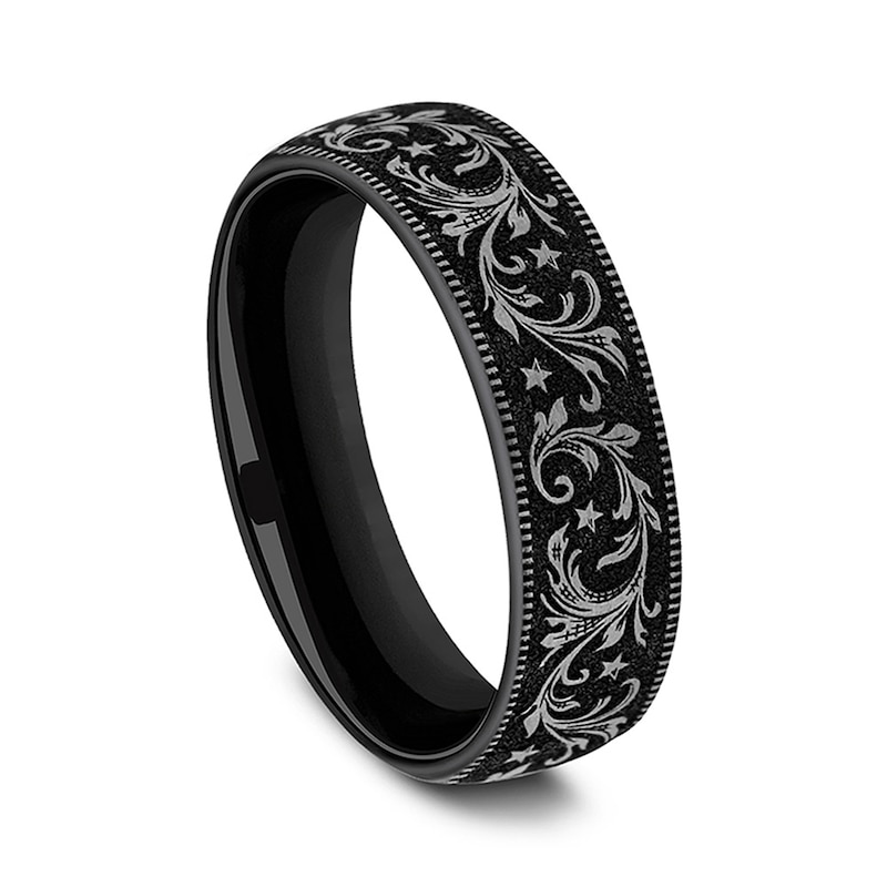 Main Image 2 of 6.5mm Satin Filigree Vintage-Style Engravable Wedding Band in Two-Tone Titanium (1-2 lines)