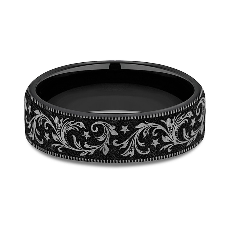 Main Image 3 of 6.5mm Satin Filigree Vintage-Style Engravable Wedding Band in Two-Tone Titanium (1-2 lines)
