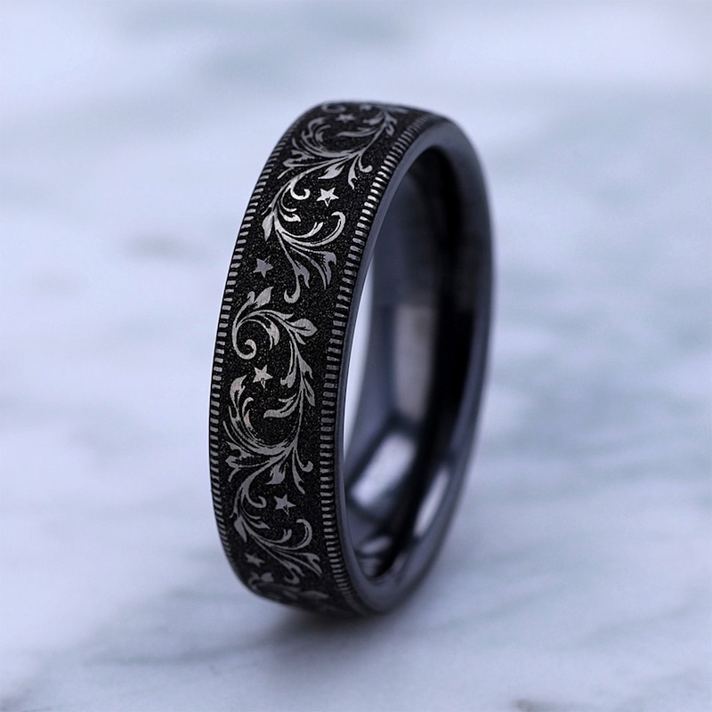 Main Image 4 of 6.5mm Satin Filigree Vintage-Style Engravable Wedding Band in Two-Tone Titanium (1-2 lines)