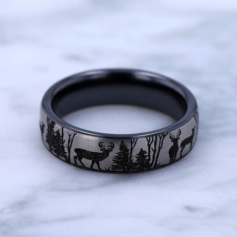 Main Image 4 of 6.5mm Matte Buck in Forest Engravable Wedding Band in Two-Tone Titanium (1-2 lines)