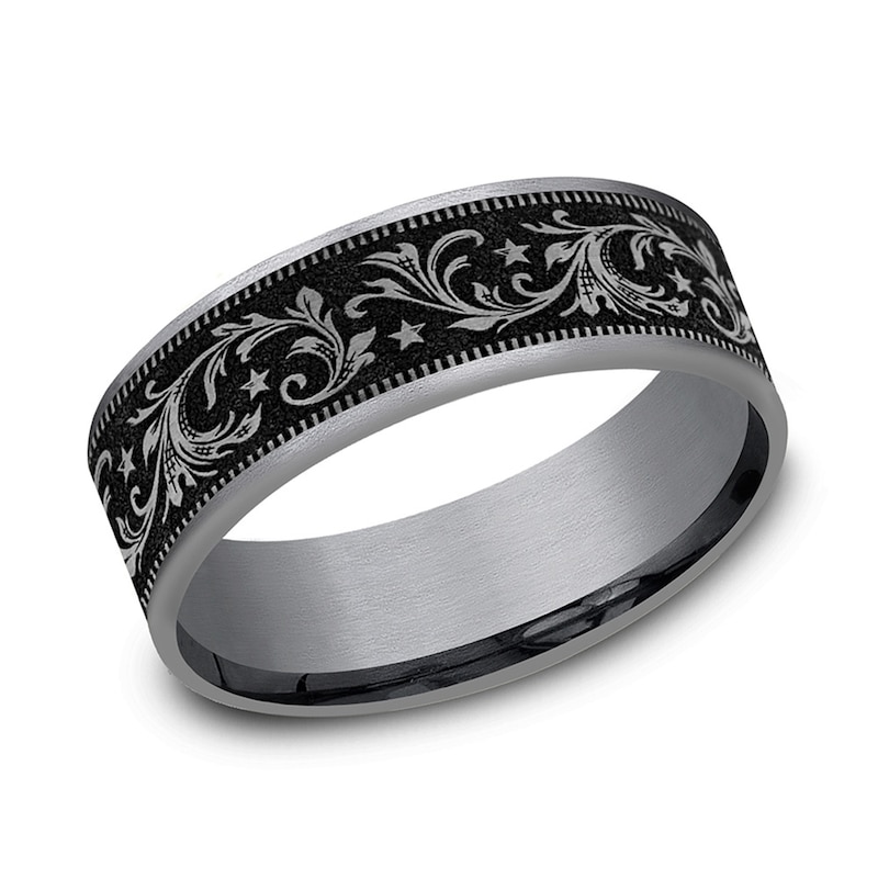 Main Image 1 of 7.5mm Satin Filigree Vintage-Style Engravable Wedding Band in Tantalum and Titanium (1-2 lines)