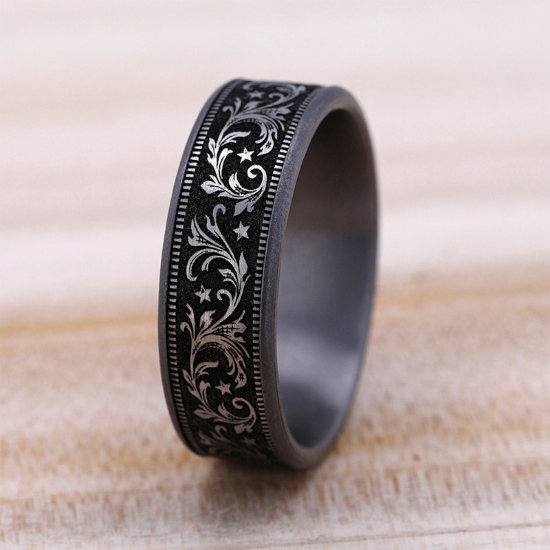 Main Image 4 of 7.5mm Satin Filigree Vintage-Style Engravable Wedding Band in Tantalum and Titanium (1-2 lines)