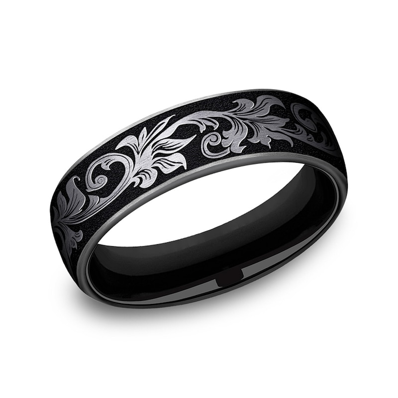 Main Image 1 of 6.5mm Matte Scrollwork Engravable Wedding Band in Two-Tone Titanium (1-2 lines)