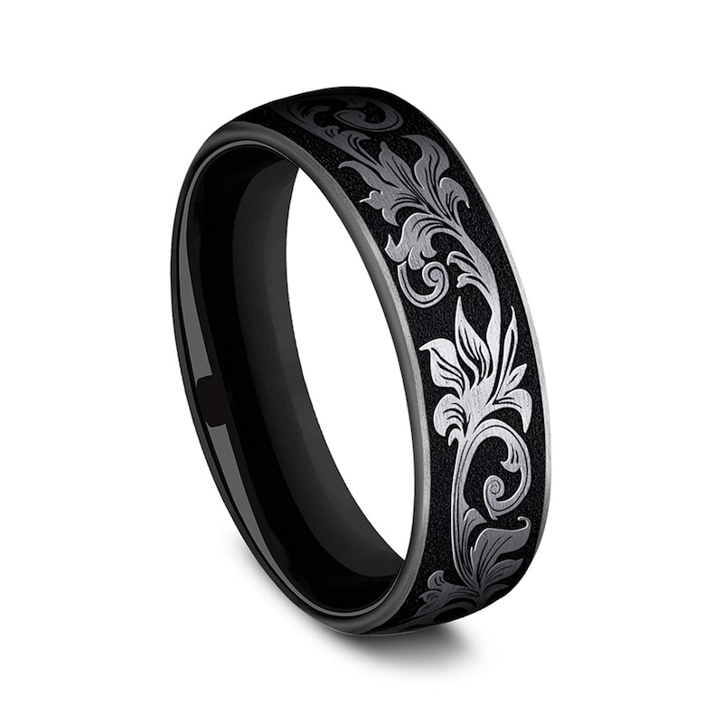 Main Image 2 of 6.5mm Matte Scrollwork Engravable Wedding Band in Two-Tone Titanium (1-2 lines)