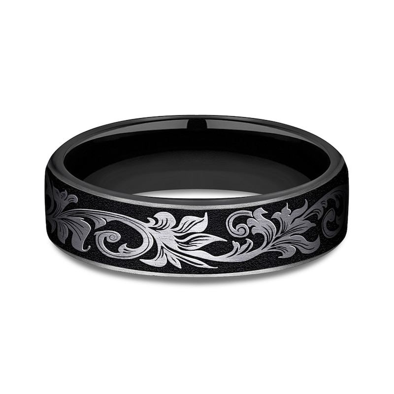 Main Image 3 of 6.5mm Matte Scrollwork Engravable Wedding Band in Two-Tone Titanium (1-2 lines)