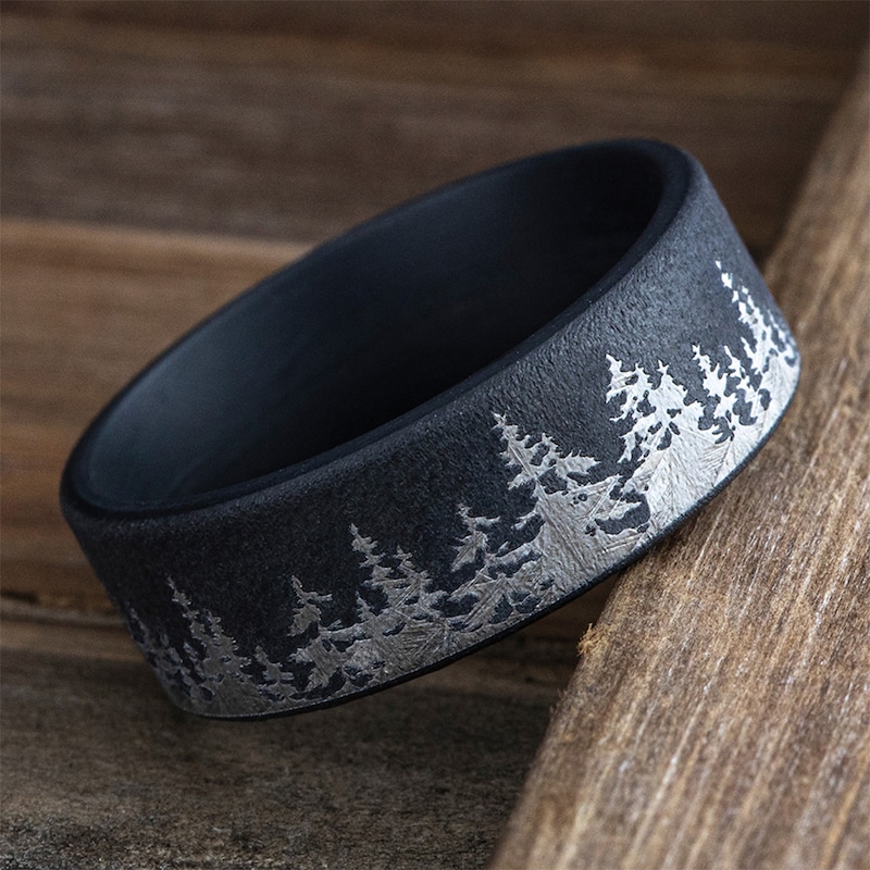 Main Image 4 of 8.0mm Matte Dark Tree Line Engravable Wedding Band in Tantalum (1-2 lines)
