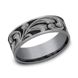 7.5mm Matte Feathered Filigree Engravable Wedding Band in Tantalum and Titanium (1-2 lines)