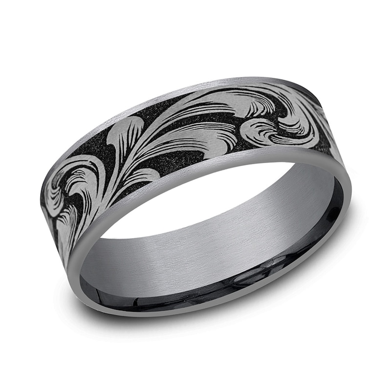 Main Image 1 of 7.5mm Matte Feathered Filigree Engravable Wedding Band in Tantalum and Titanium (1-2 lines)