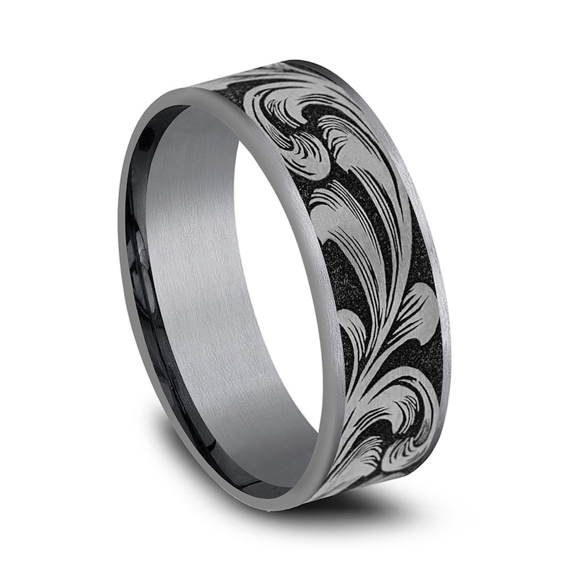 Main Image 2 of 7.5mm Matte Feathered Filigree Engravable Wedding Band in Tantalum and Titanium (1-2 lines)