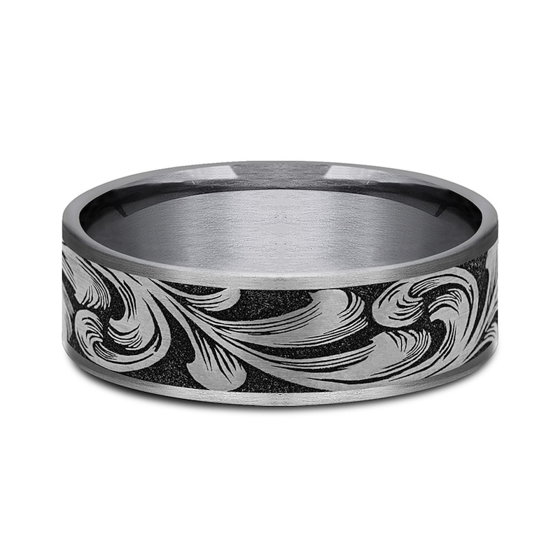 Main Image 3 of 7.5mm Matte Feathered Filigree Engravable Wedding Band in Tantalum and Titanium (1-2 lines)