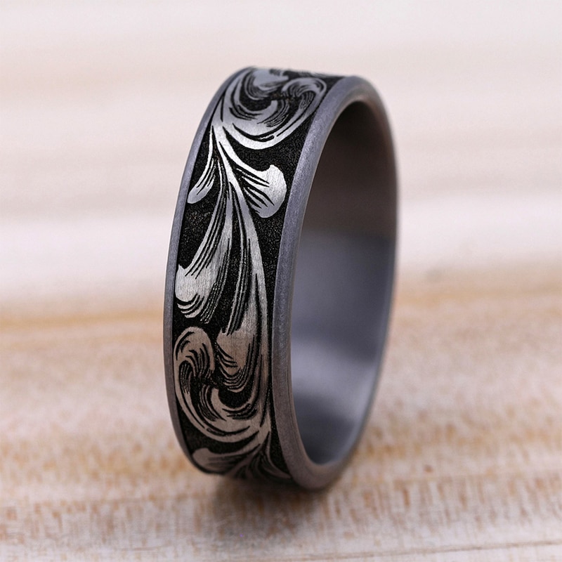 Main Image 4 of 7.5mm Matte Feathered Filigree Engravable Wedding Band in Tantalum and Titanium (1-2 lines)