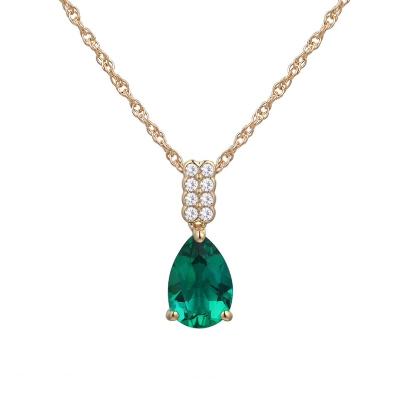 Main Image 1 of Pear-Shaped Lab-Created Emerald and White Lab-Created Sapphire Pendant in Sterling Silver with 14K Gold Plate