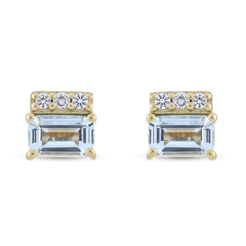 Main Image 1 of Emerald-Cut Aquamarine and White Lab-Created Sapphire Stacked Stud Earrings in Sterling Silver with 14K Gold Plate