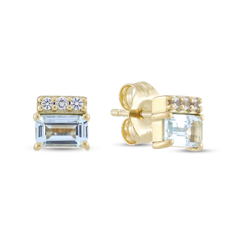 Main Image 2 of Emerald-Cut Aquamarine and White Lab-Created Sapphire Stacked Stud Earrings in Sterling Silver with 14K Gold Plate