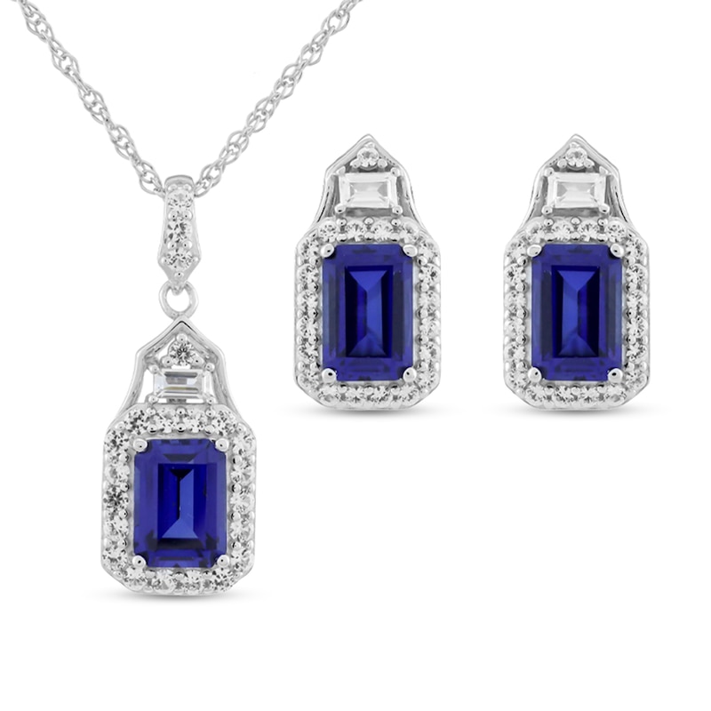 Main Image 1 of Emerald-Cut Ceylon Blue and White Lab-Created Sapphire Drop Pendant and Earrings Set in Sterling Silver