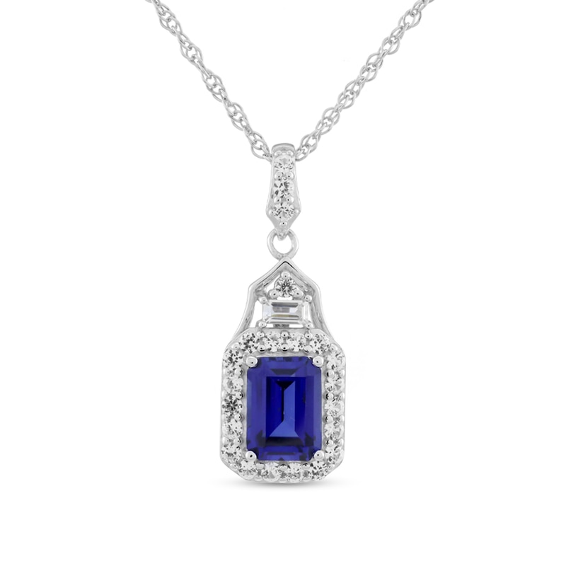 Main Image 2 of Emerald-Cut Ceylon Blue and White Lab-Created Sapphire Drop Pendant and Earrings Set in Sterling Silver