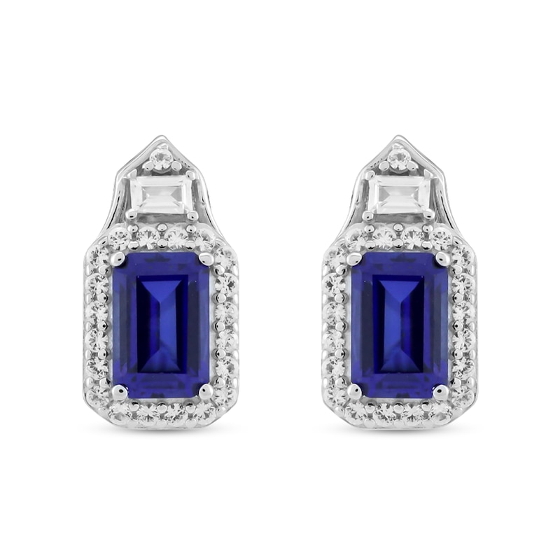 Main Image 3 of Emerald-Cut Ceylon Blue and White Lab-Created Sapphire Drop Pendant and Earrings Set in Sterling Silver
