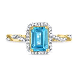 Emerald-Cut Swiss Blue Topaz and 1/6 CT. T.W. Diamond Frame Twist Shank Ring in Sterling Silver with 14K Gold Plate
