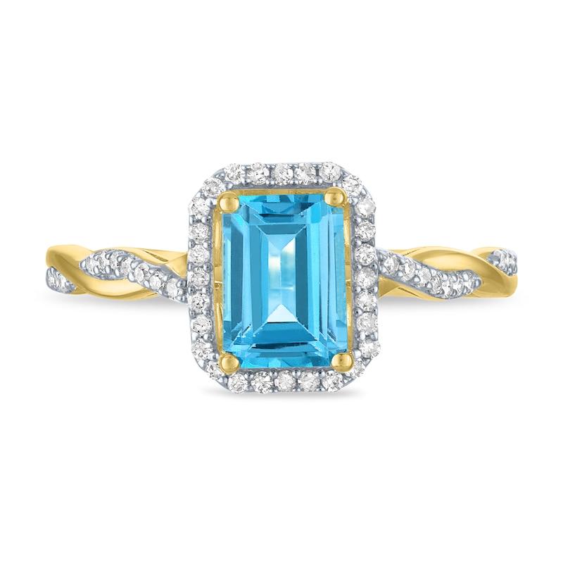 Main Image 1 of Emerald-Cut Swiss Blue Topaz and 1/6 CT. T.W. Diamond Frame Twist Shank Ring in Sterling Silver with 14K Gold Plate