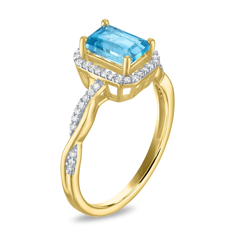 Main Image 2 of Emerald-Cut Swiss Blue Topaz and 1/6 CT. T.W. Diamond Frame Twist Shank Ring in Sterling Silver with 14K Gold Plate