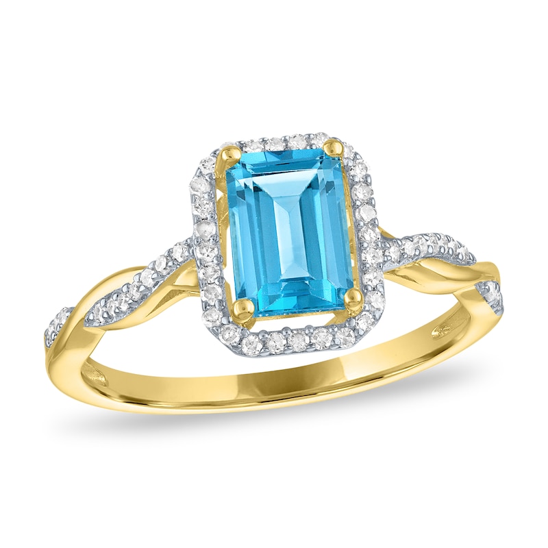 Main Image 3 of Emerald-Cut Swiss Blue Topaz and 1/6 CT. T.W. Diamond Frame Twist Shank Ring in Sterling Silver with 14K Gold Plate