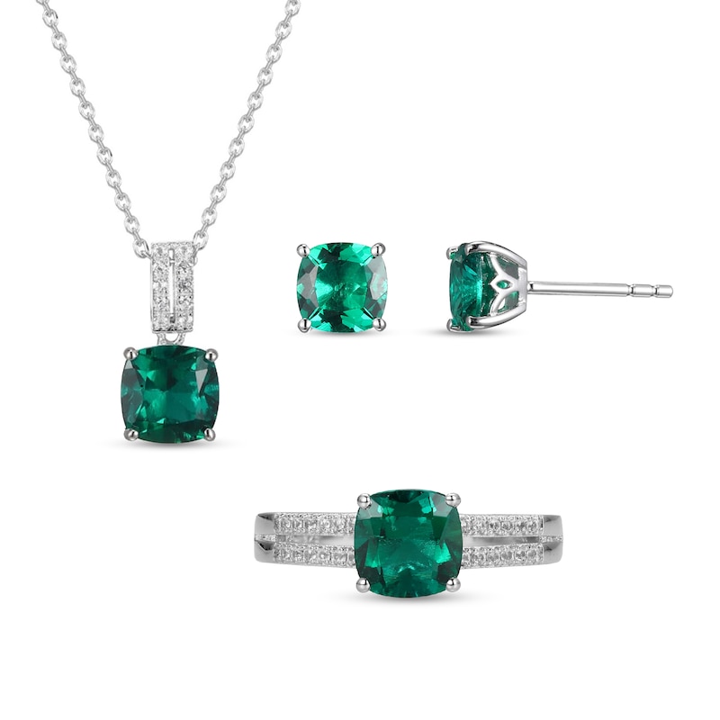 Main Image 1 of Cushion-Cut Lab-Created Emerald and White Lab-Created Sapphire Pendant, Stud Earrings and Ring Set in Sterling Silver
