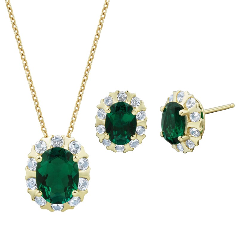 Main Image 1 of Oval Lab-Created Emerald and White Lab-Created Sapphire Pendant and Stud Earrings Set in Sterling Silver with Gold Plate