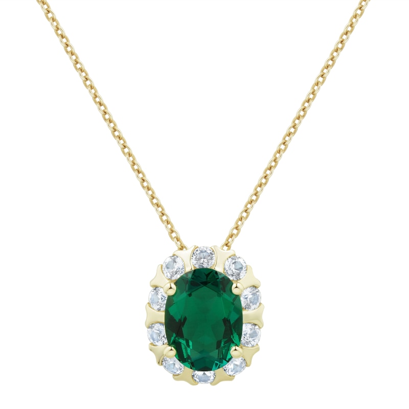 Main Image 2 of Oval Lab-Created Emerald and White Lab-Created Sapphire Pendant and Stud Earrings Set in Sterling Silver with Gold Plate