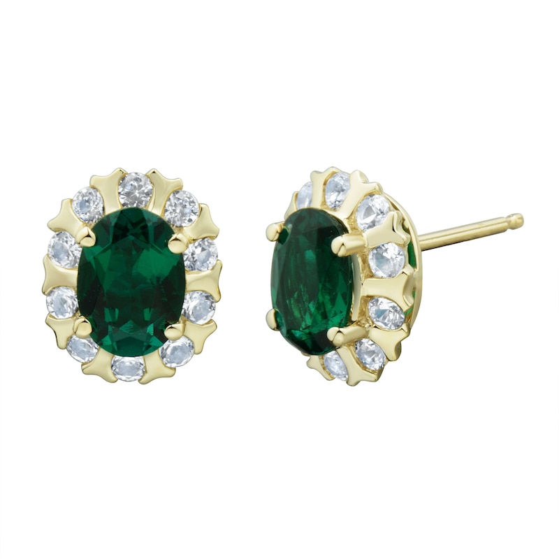 Main Image 3 of Oval Lab-Created Emerald and White Lab-Created Sapphire Pendant and Stud Earrings Set in Sterling Silver with Gold Plate