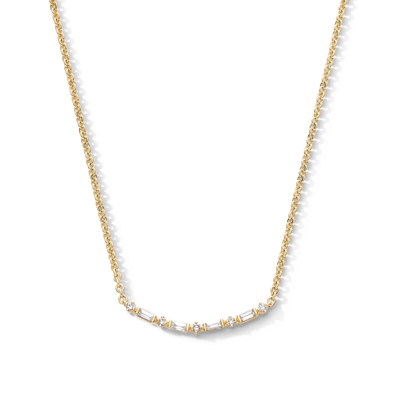 Main Image 1 of 1/4 CT. T.W. Baguette and Round Certified Lab-Grown Diamond Necklace in Sterling Silver with 10K Gold Plate (F/VS2)