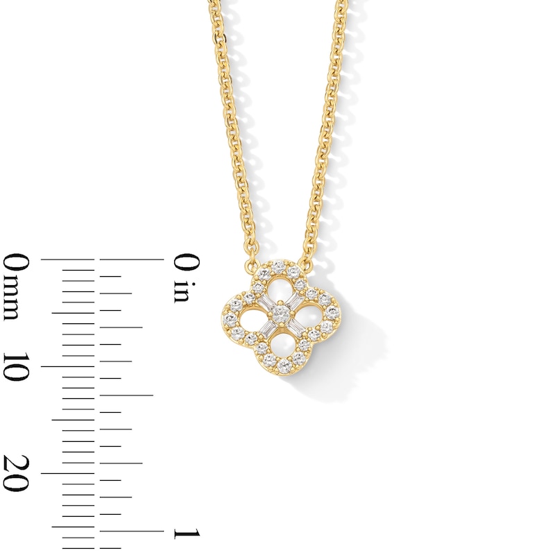 Main Image 3 of 1/4 CT. T.W. Baguette and Round Certified Lab-Grown Diamond Clover Necklace in Sterling Silver with 10K Gold Plate