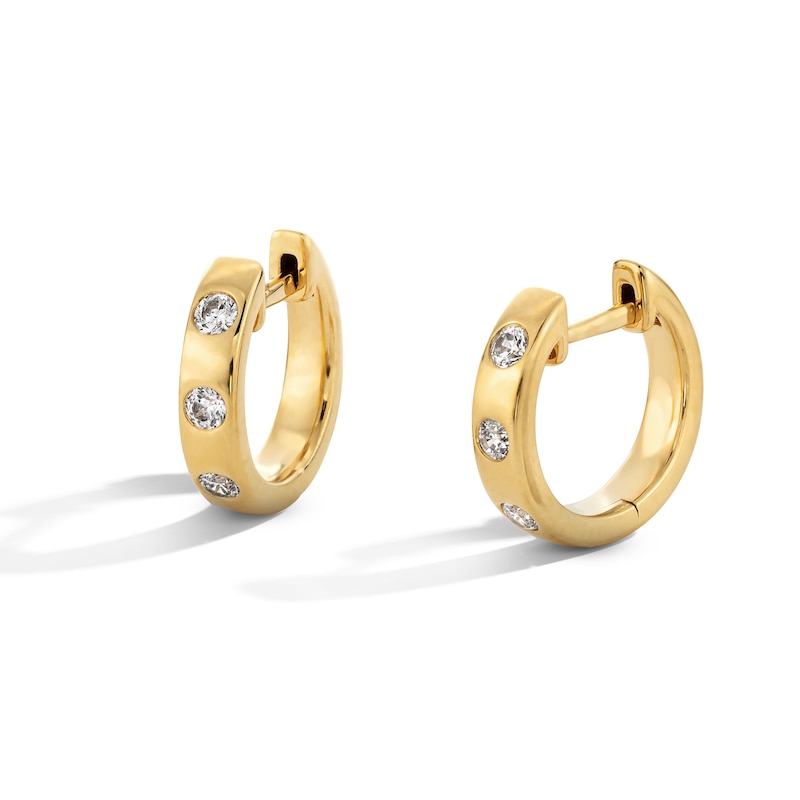 Main Image 1 of 1/5 CT. T.W. Certified Lab-Grown Diamond Three Stone Huggie Hoop Earrings in Sterling Silver with 10K Gold Plate