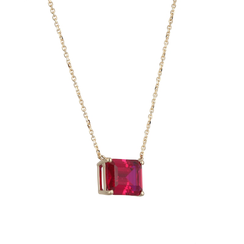 Main Image 2 of Emerald-Cut Lab-Created Ruby Solitaire Sideways Necklace in 10K Gold