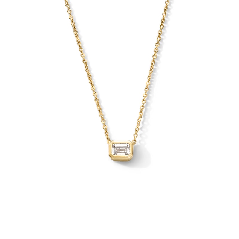 Main Image 1 of 1/4 CT. Emerald-Cut Certified Lab-Grown Diamond Solitaire Necklace in Sterling Silver with 10K Gold Plate (F/VS2)