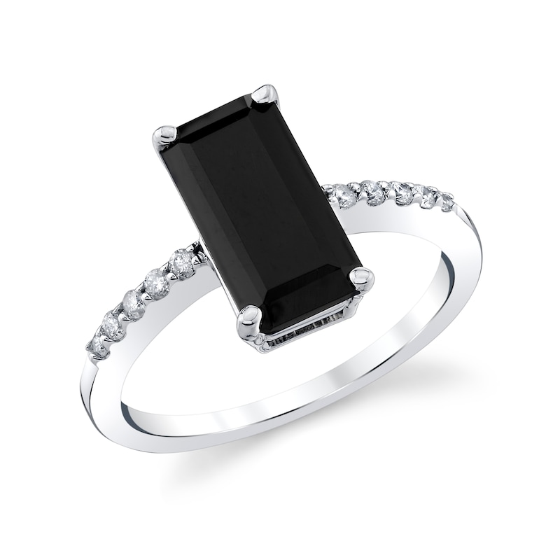 Main Image 1 of Emerald-Cut Onyx and 1/10 CT. T.W. Diamond Ring in Sterling Silver