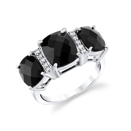 Cushion-Cut Onyx and 1/10 CT. T.W. Diamond Three Stone Ring in Sterling Silver