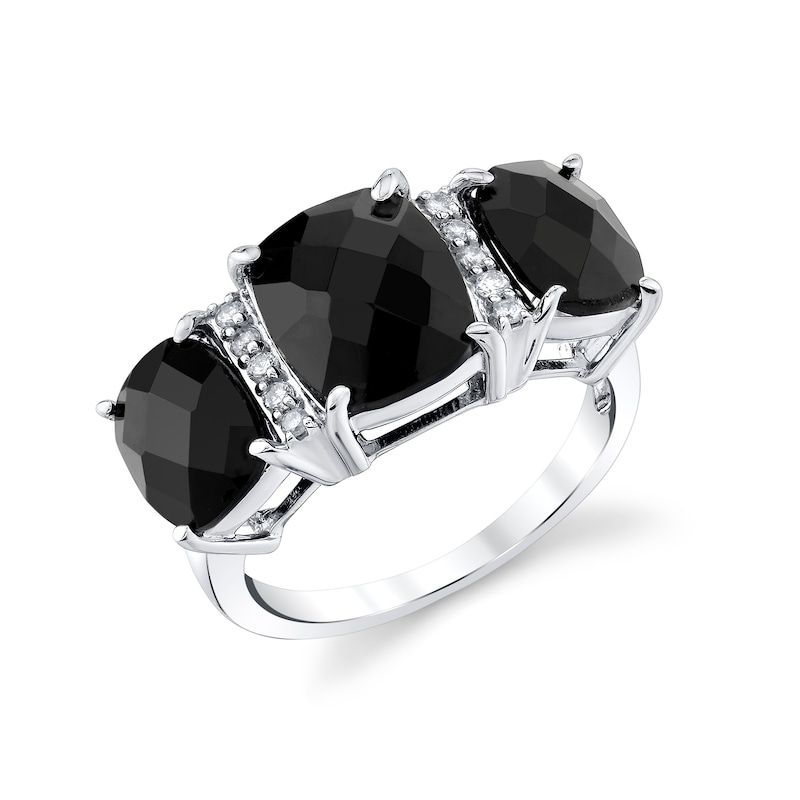 Main Image 1 of Cushion-Cut Onyx and 1/10 CT. T.W. Diamond Three Stone Ring in Sterling Silver