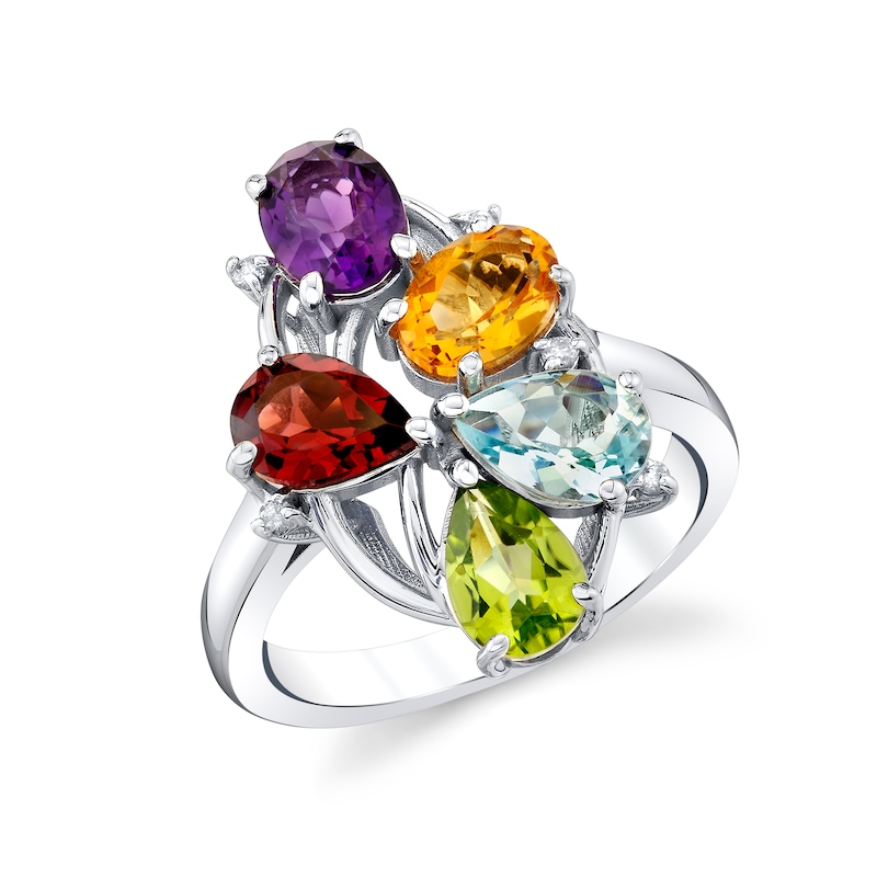 Main Image 1 of Multi-Shaped Multi-Color Gemstone and 1/20 CT. T.W. Diamond Cluster Ring in Sterling Silver