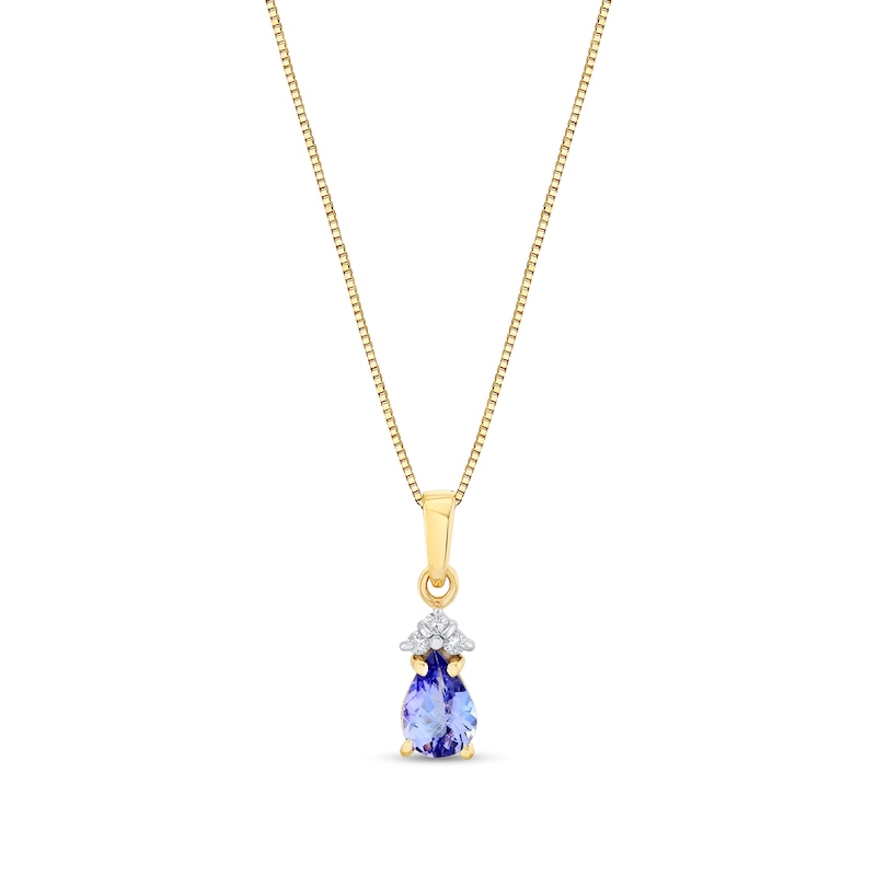 Main Image 1 of Pear-Shaped Tanzanite and 1/20 CT. T.W. Diamond Tri-Top Pendant in 10K Gold