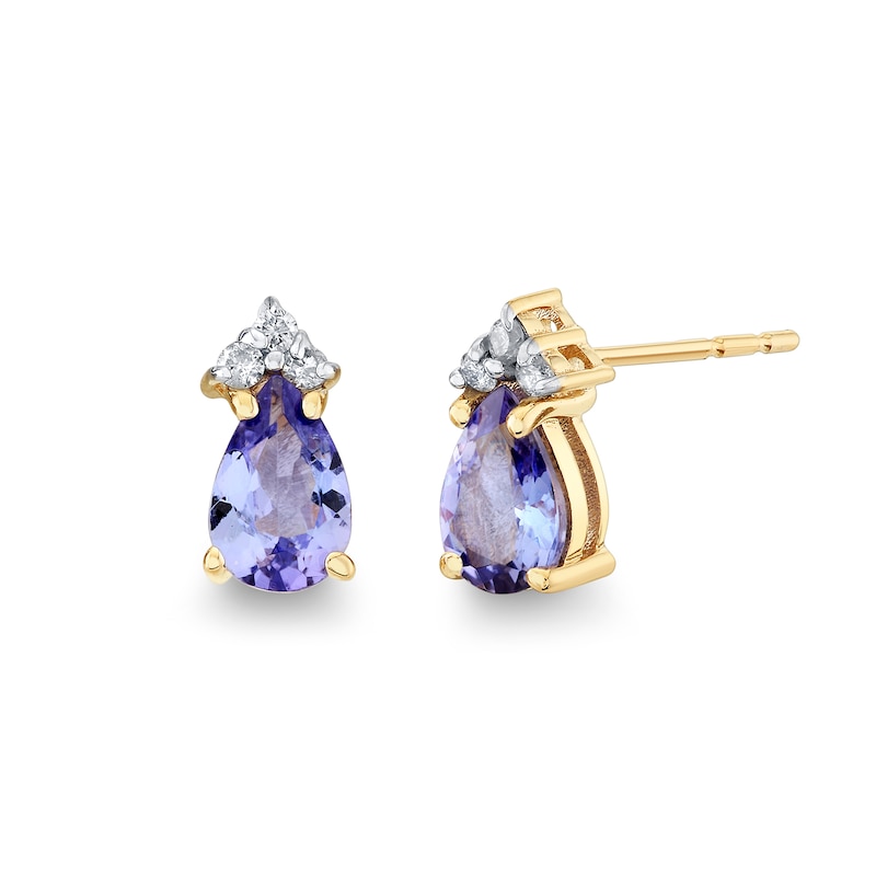 Main Image 1 of Pear-Shaped Tanzanite and 1/20 CT. T.W. Diamond Tri-Top Stud Earrings in 10K Gold